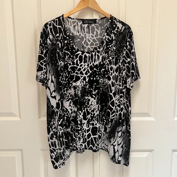 G Collection Blouse Women Size 3X  V-Neck Short Sleeve Black & White  sparkles - Picture 1 of 8